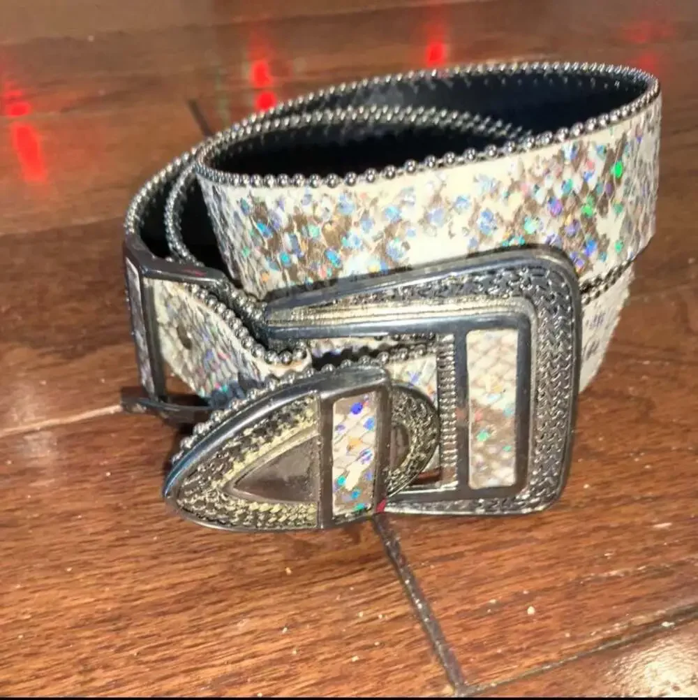Y2K Glitter Western Belt‎ Silver Sparkle Studded Cowgirl USA L